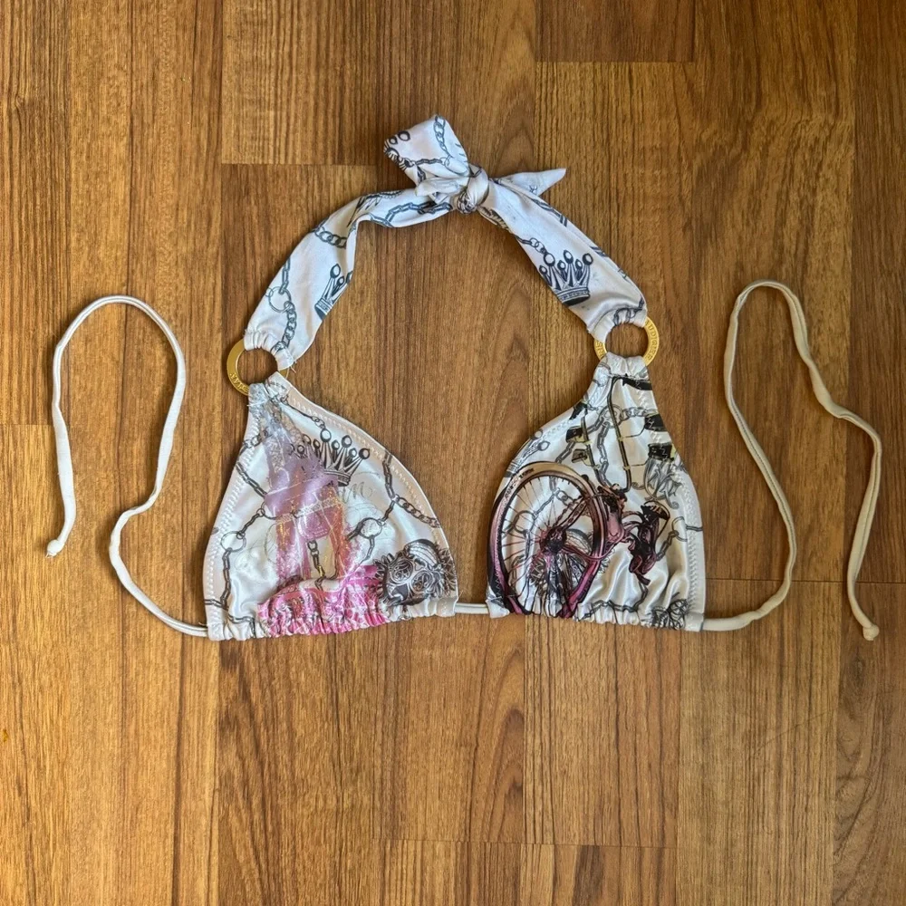 CHRISTIAN AUDIGIER Ed Hardy Vintage Y2K White Pink Blue Paris Bike Bikini Set - Picture 2 of 15